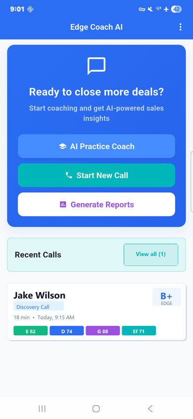 Edge Coach AI dashboard showing Jake Wilson discovery call with B+ EDGE score