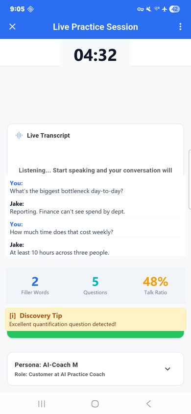 Edge Coach AI live coaching session with real-time transcript and EDGE metrics
