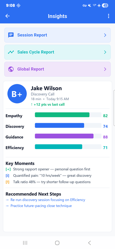 Edge Coach AI report card showing EDGE scores and key moments for Jake Wilson